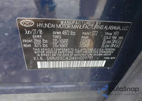 2019 Hyundai Santa Fe Sel из США, поврежденный, VIN 5NMS3CAD4KH009791